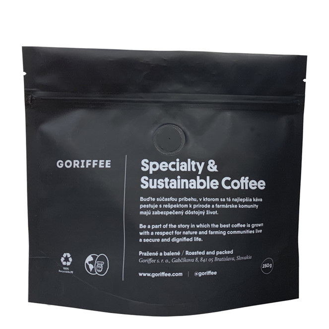 Einzelhandel Matte Black Coffee Recycelbarem Stand up wiederverschleißbares Druckverpackungsverpackung