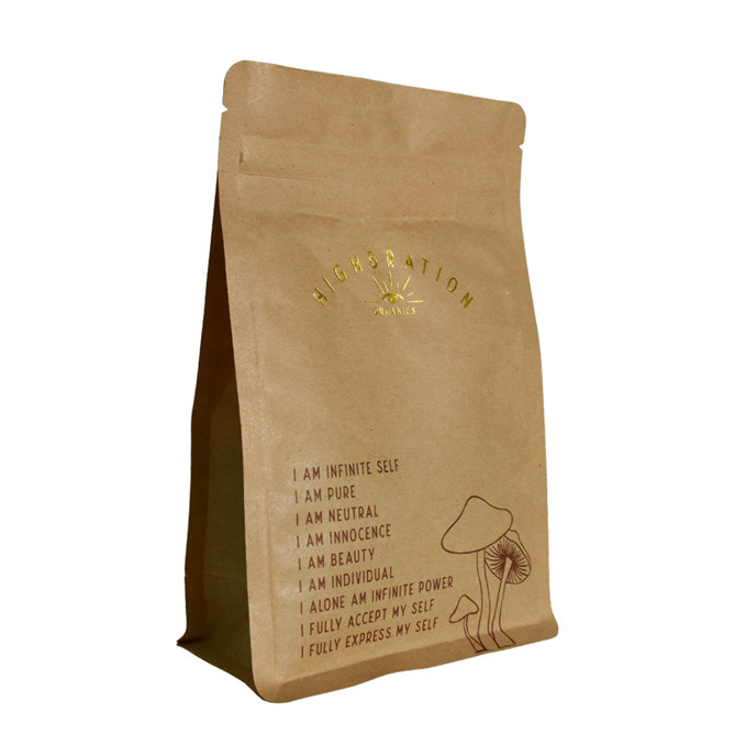 Benutzerdefinierte flache untere kompostierbare Tasche für Snackpackungen mit heißem Stamping -Logo