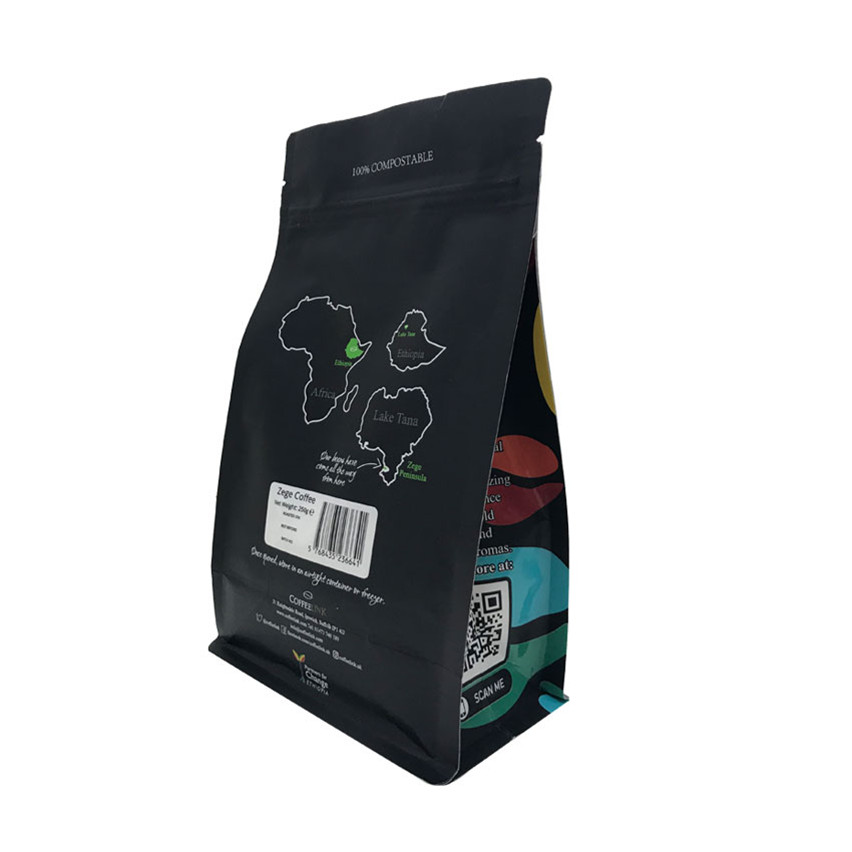 Customized Flat Bottom biologisch abbaubarer Kompostkaffeeverpackungsbeutel mit Entgasungsventil